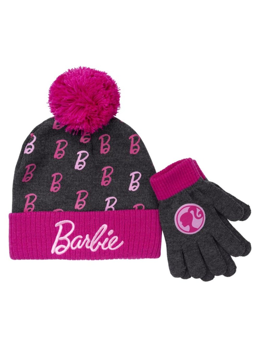 Barbie Mattel Girls 2-pc Winter Hat & Gloves Set Black & Pink Embroidered NEW!